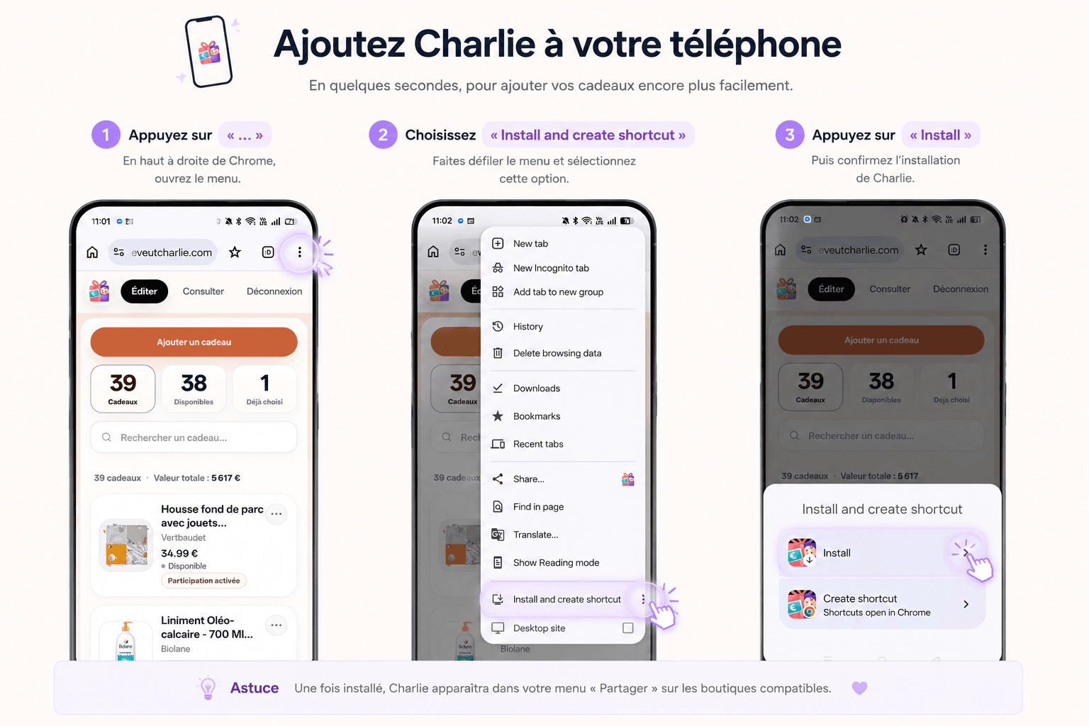 Ajouter Charlie à son téléphone pour le retrouver dans le menu Partager