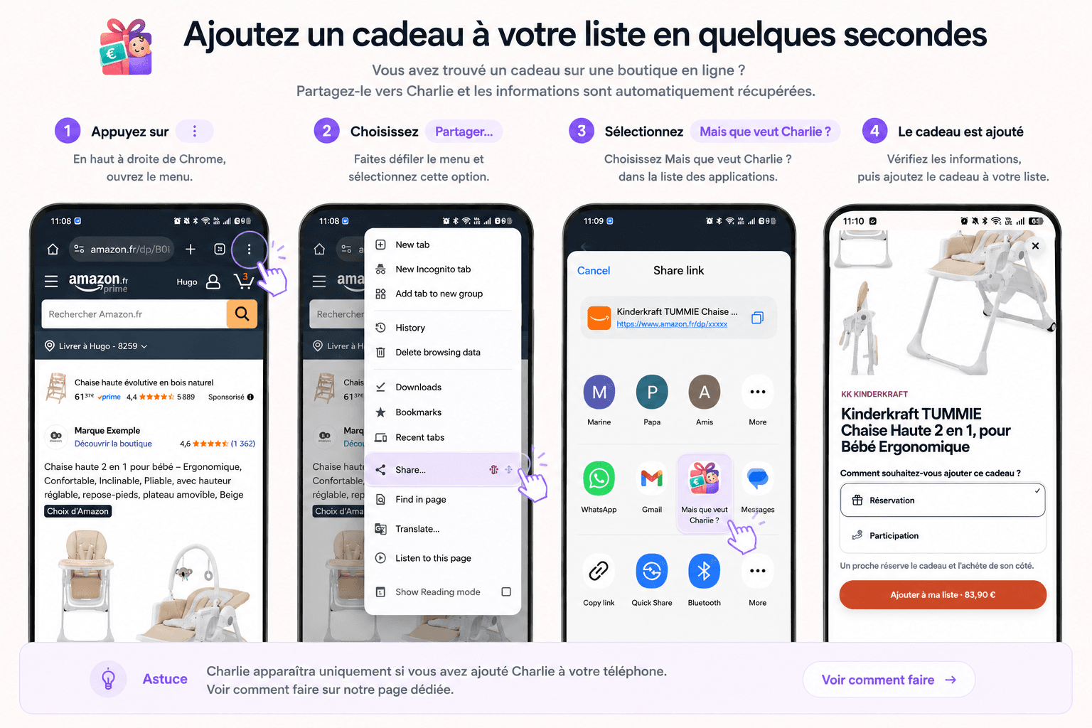Partager un produit depuis une boutique en ligne vers Charlie pour l’ajouter à sa liste